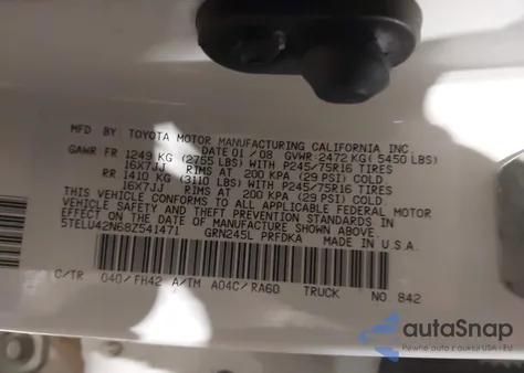 2008 Toyota Tacoma Base V6 z USA, uszkodzony, nr VIN 5TELU42N68Z541471